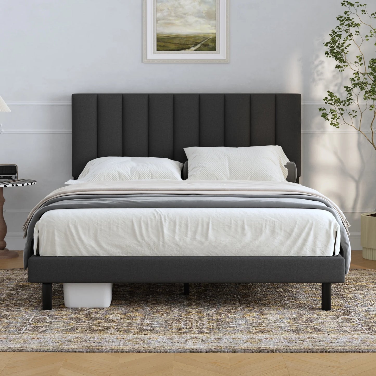 Platform Bed With Fabric Upholstered Headboard -