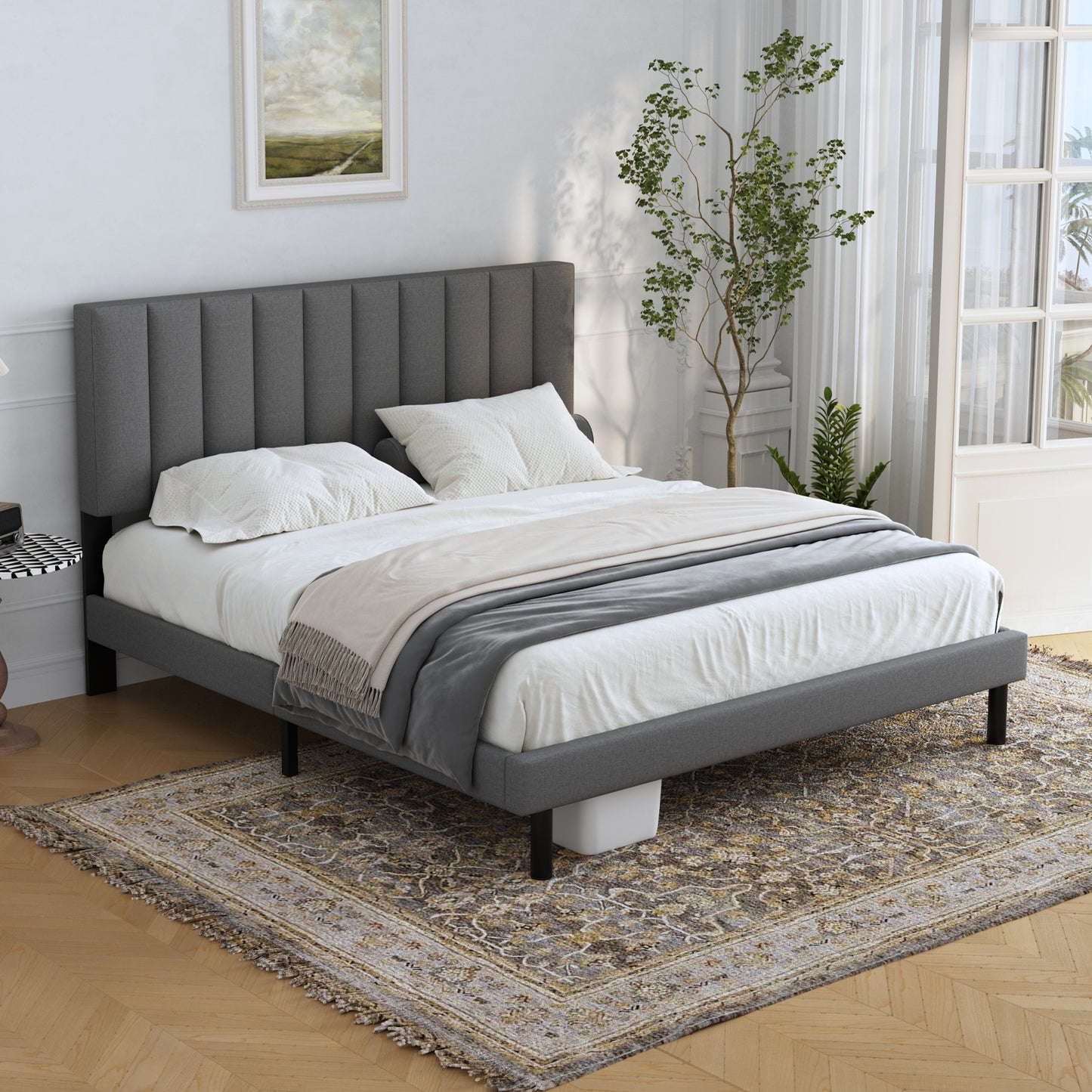 Platform Bed With Fabric Upholstered Headboard -