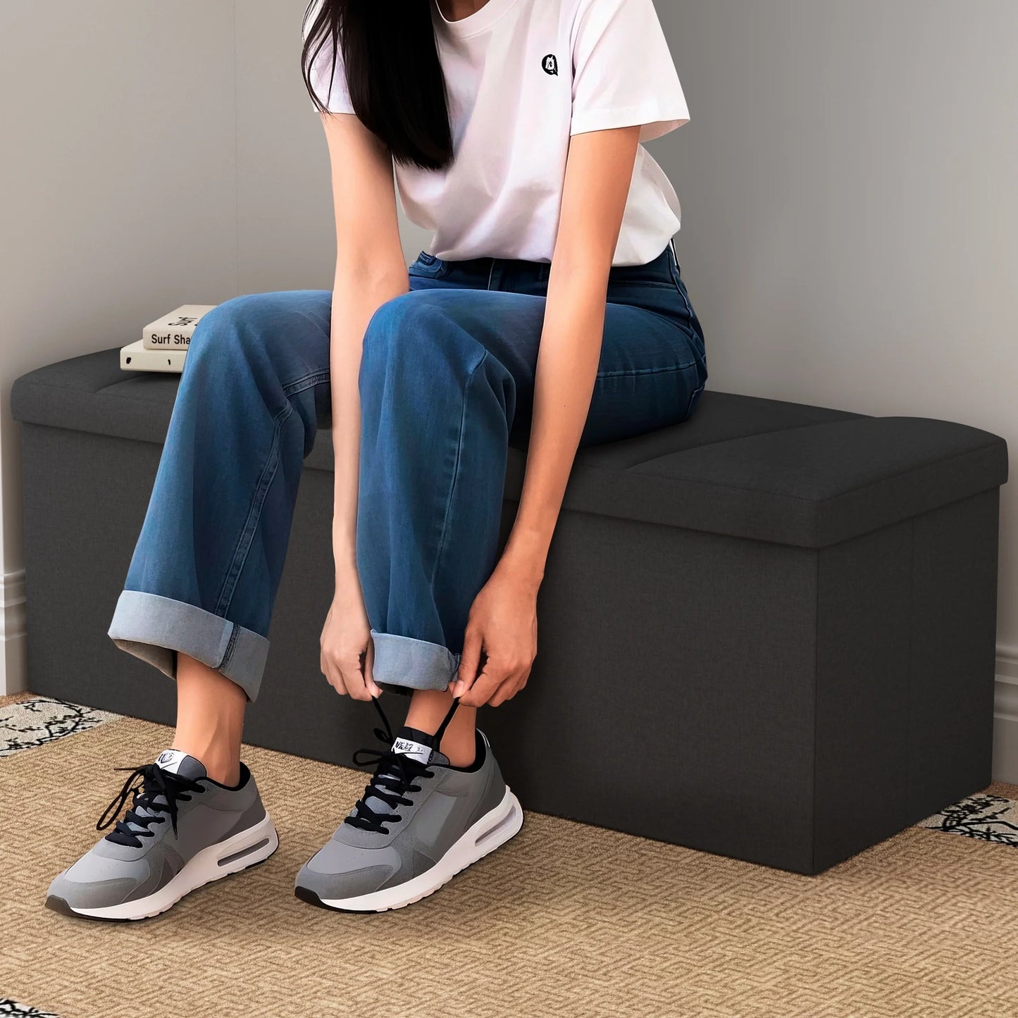 Ottoman with Storage, ZETDIY 43" Linen Ottoman Storage Bench, Hold up to 650lb Capacity, Black