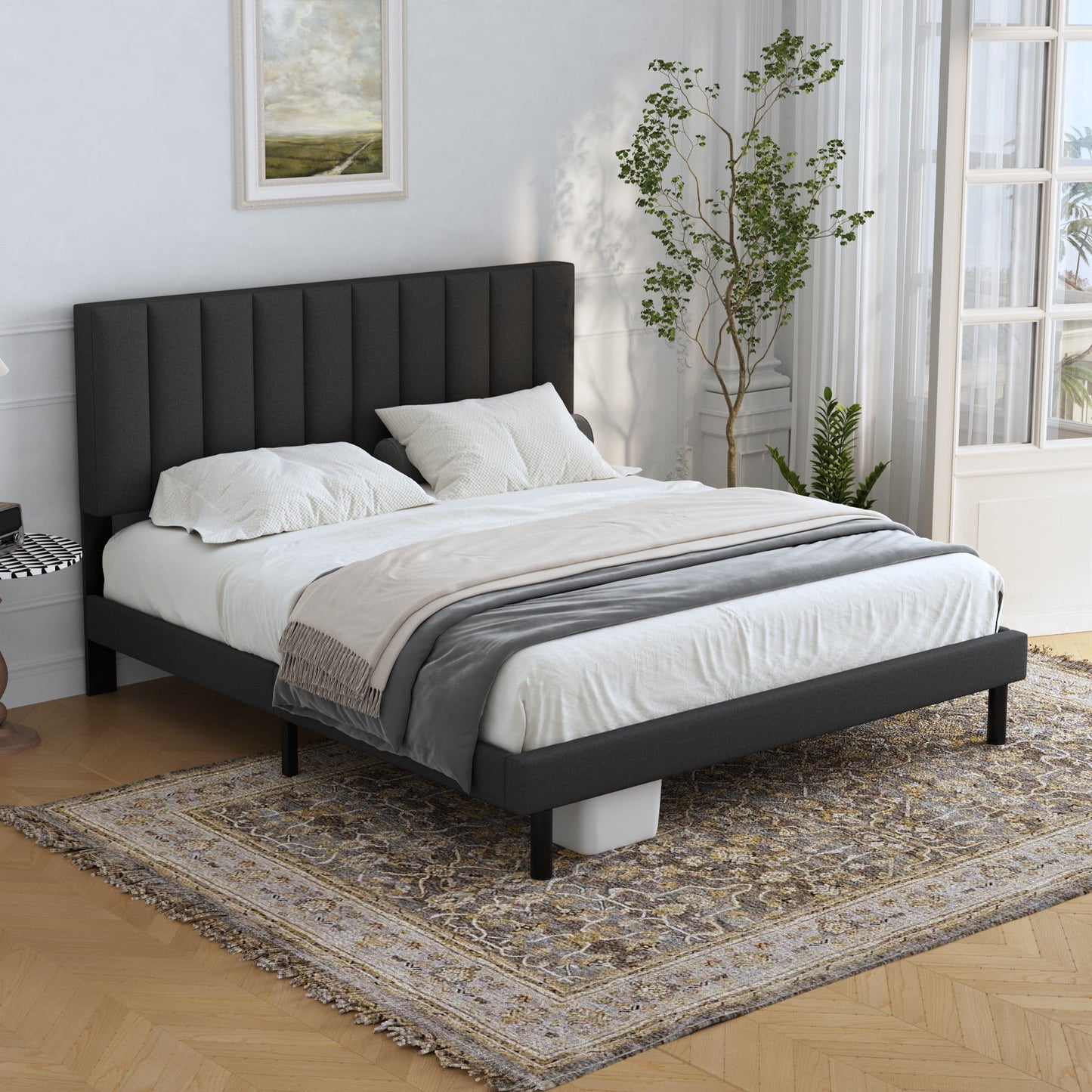 Platform Bed With Fabric Upholstered Headboard -