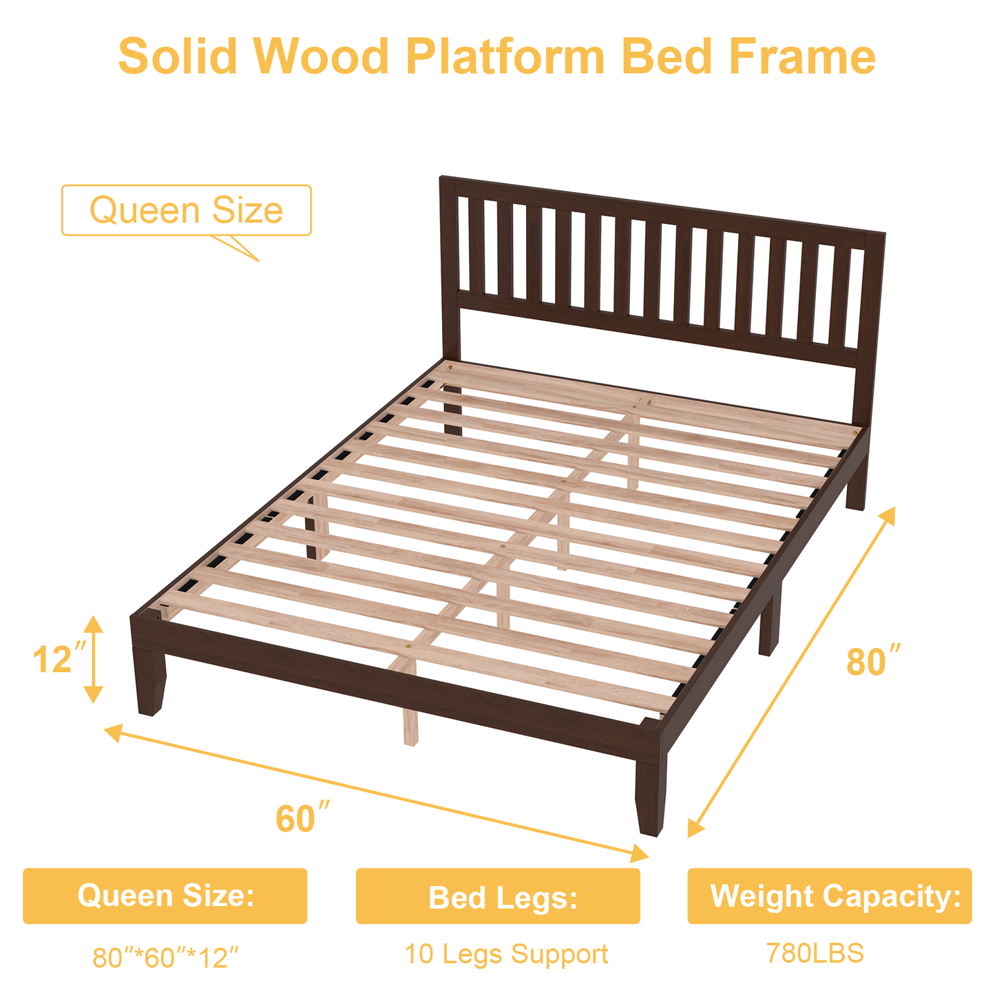 Queen Bed Frames, Telino Wood Platforms Bed Frame with Wooden Slats Support, No Box Spring Needed, Espresso